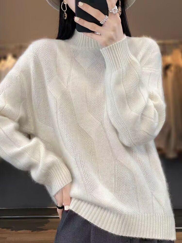 Grobstrickpullover mit hohem Kragen – Oversize-Strickoberteil für Damen mit Zopfmuster (6 neutrale Töne)_voghion.com