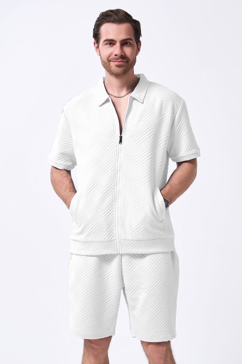 Men's Clothing Summer New Men's Simple Casual Jacquard Short Sleeved Zipper Cardigan Jacket Shorts Suit_voghion.com