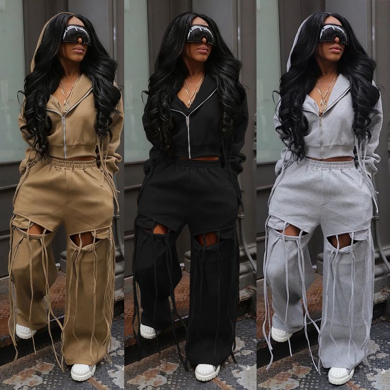 Women's Hooded Zip-Up Sweatshirt & Wide-Leg Pants Set - Edgy Distressed Two-Piece Outfit For Casual & Commute_voghion.com