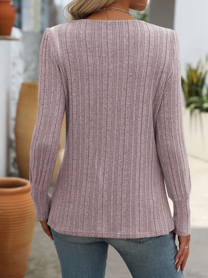 2024 New Fashion Women's Square Neck Ribbed Brushed Solid Color Long Sleeve Button T-Shirt_voghion.com
