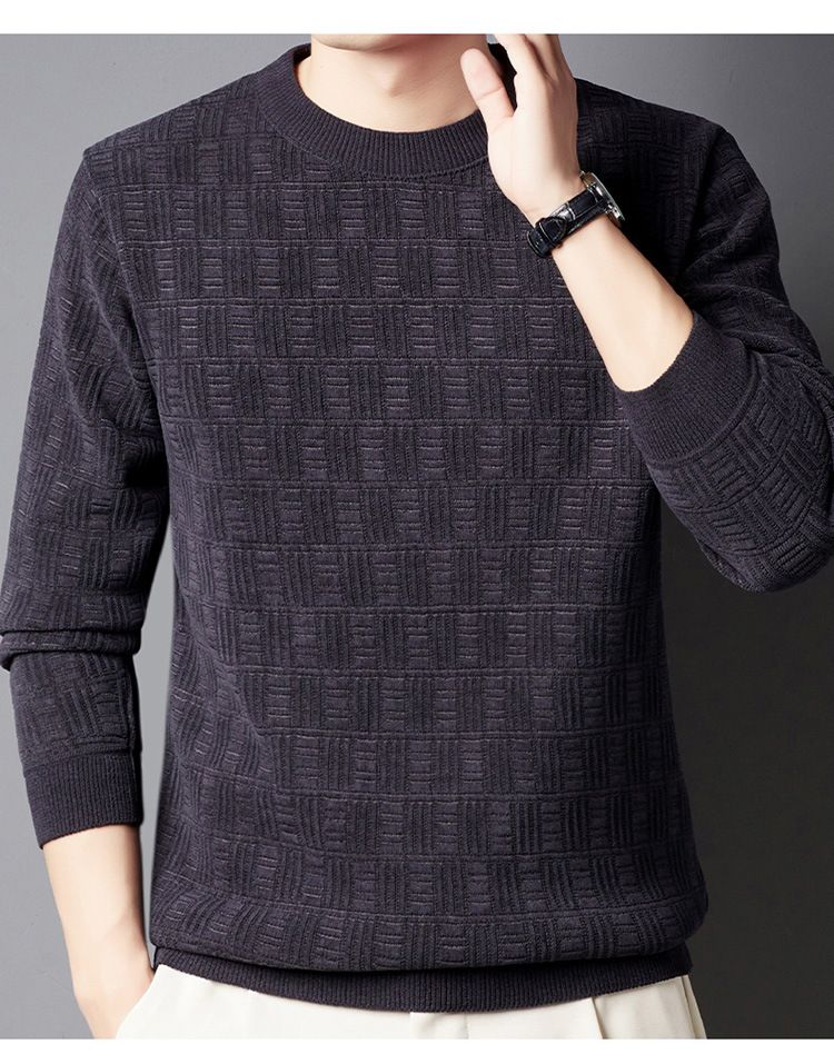 Herrenbekleidung Winterpullover für Herren Plus Samt Verdickter Jacquard-Karos All-in-One-Samt Warmes Oberteil Einfarbiger Rundhalspullover_voghion.com