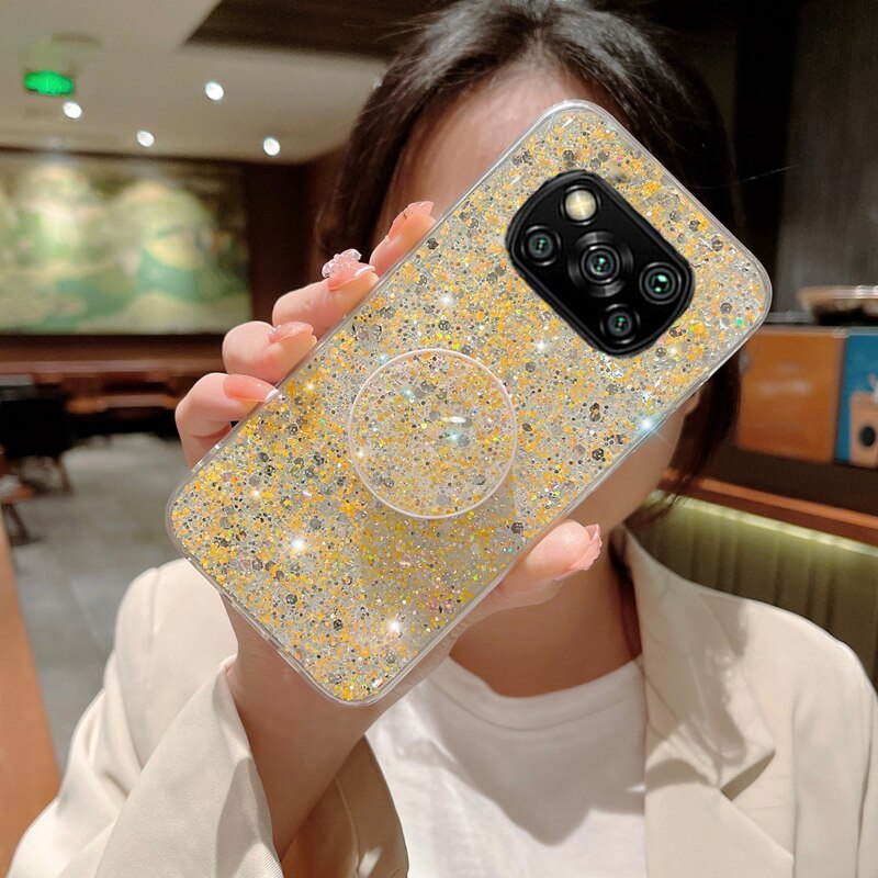 Shiny Glitter Gypsophila telefonholder Veske For Xiaomi POCO X3 NFC M3 Pro Bling Gull Sølv Folie Silikondeksel_voghion.com