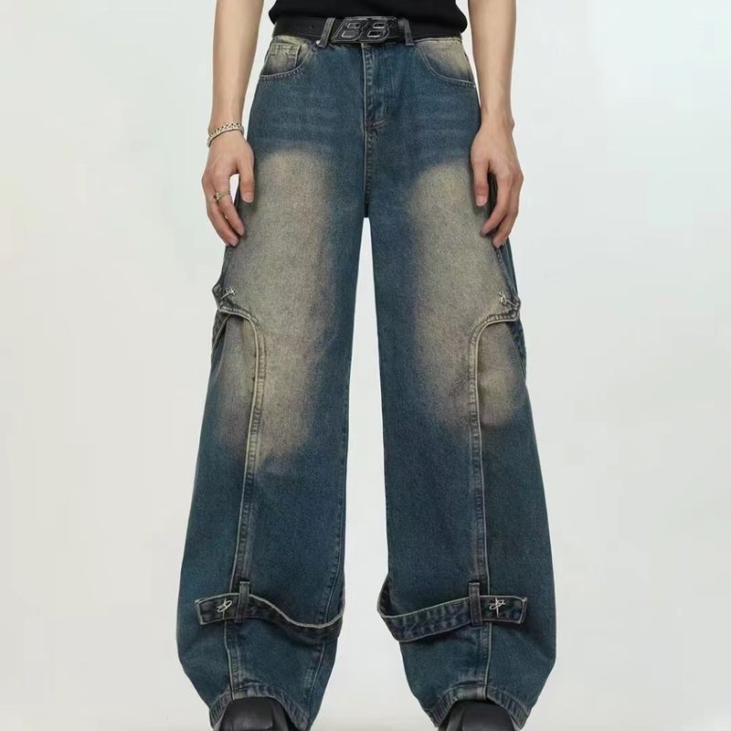 Jeans da uomo con cuciture decostruite, lavati, vintage, stile high street americano, con decorazione in metallo, gamba dritta_voghion.com