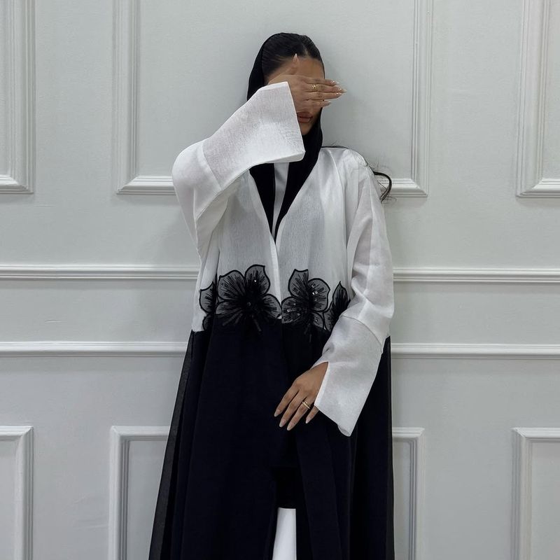 Elegant Open-Front Muslim With 3D Floral Appliqué – Modest Long Dress For Women_voghion.com