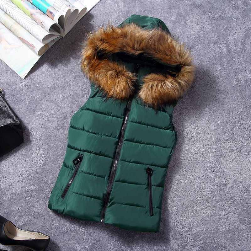 Gilet matelassé à capuche pour femme avec bordure en fausse fourrure – Veste matelassée légère sans manches pour le quotidien et les déplacements (rose/jaune/rouge/noir)_voghion.com