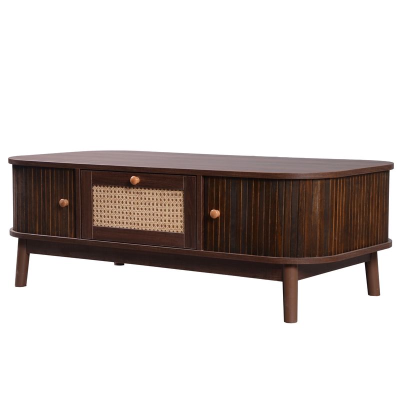 Table basse en rotin avec tiroirs et portes coulissantes, pieds en bois massif, table d'appoint de salon en osier naturel, style rustique_voghion.com