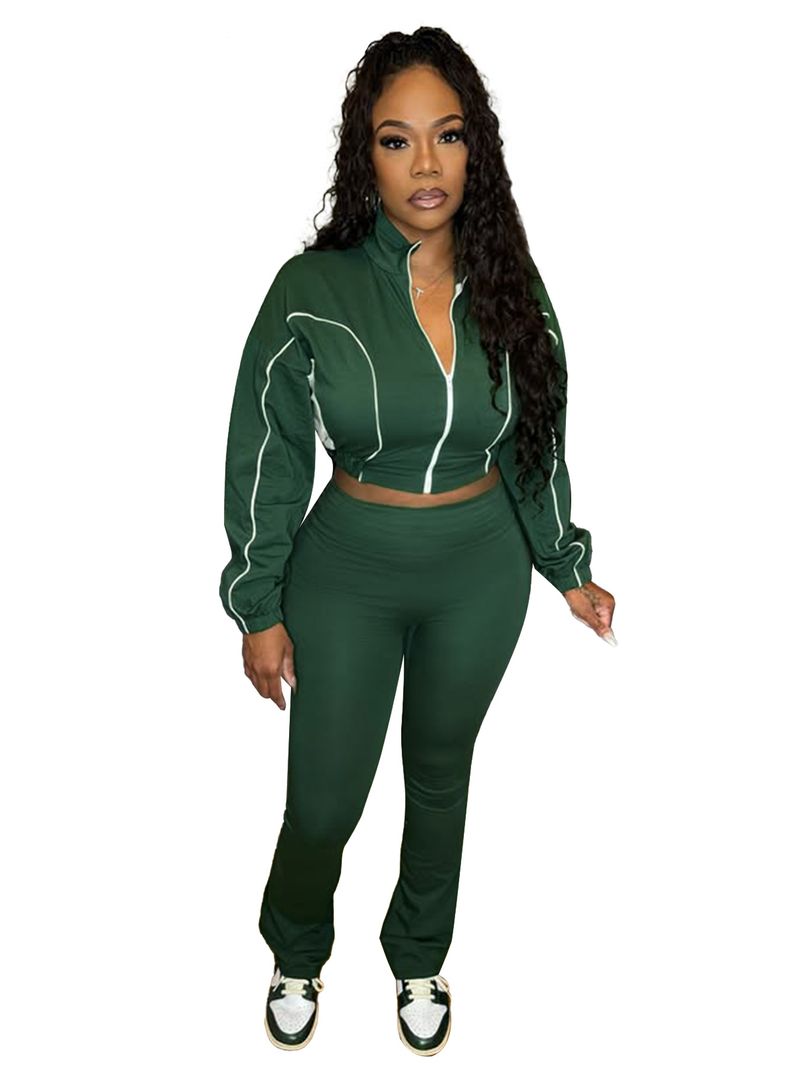 Women's Stylish Two-Tone Contrast Stitching Zip-Front Flared Pants Set – Trendy Office & Casual Outfit_voghion.com