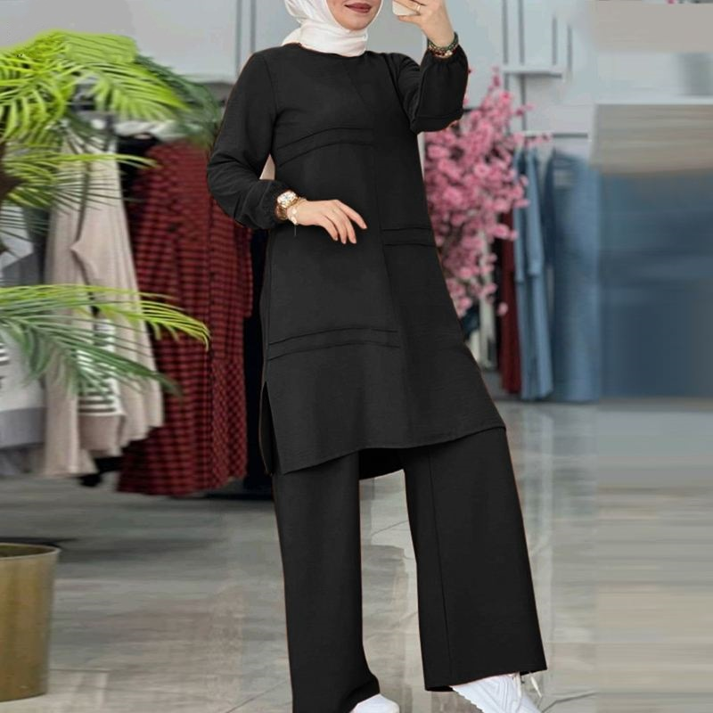 Ropa deportiva de dos piezas de color liso para mujer, camisa elegante de manga larga, funda para pantalones de pierna ancha_voghion.com