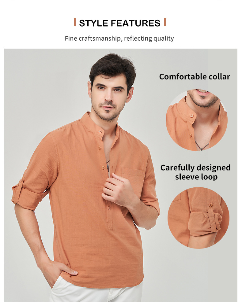 Abbigliamento Uomo Camicia Camicia Henry in cotone da uomo Camicia in lino con collo alto Camicia a maniche lunghe da uomo_voghion.com