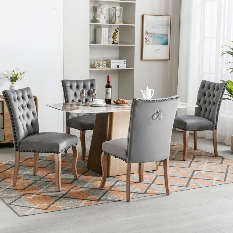 4er Set Samt Esszimmerstühle Mit Nagelkopfbesatz, Massivholzbeine, Grau_voghion.com