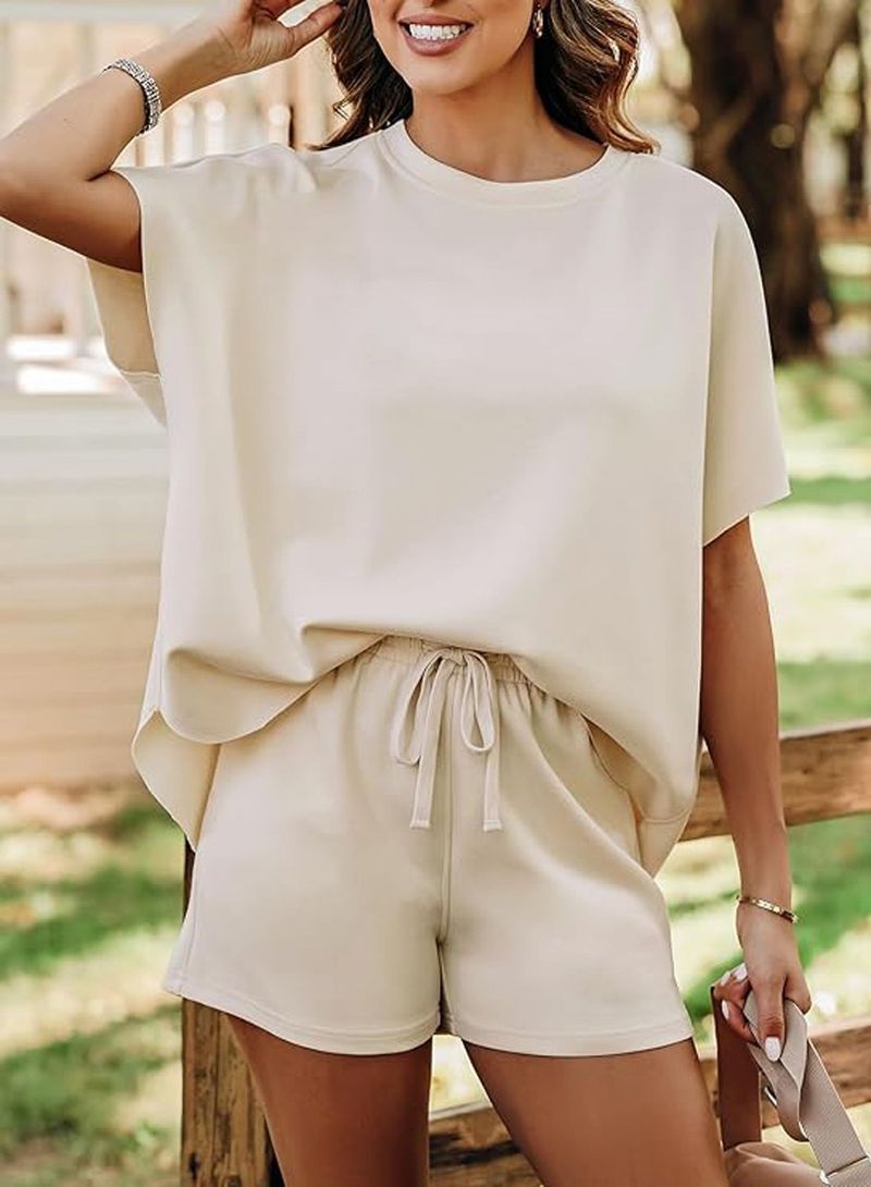 Women's 2 Piece Lounge Set Oversized Crewneck Short Sleeve Top Soft Pajama Set For Sleepwear, Sizes 2XL - Beige_voghion.com