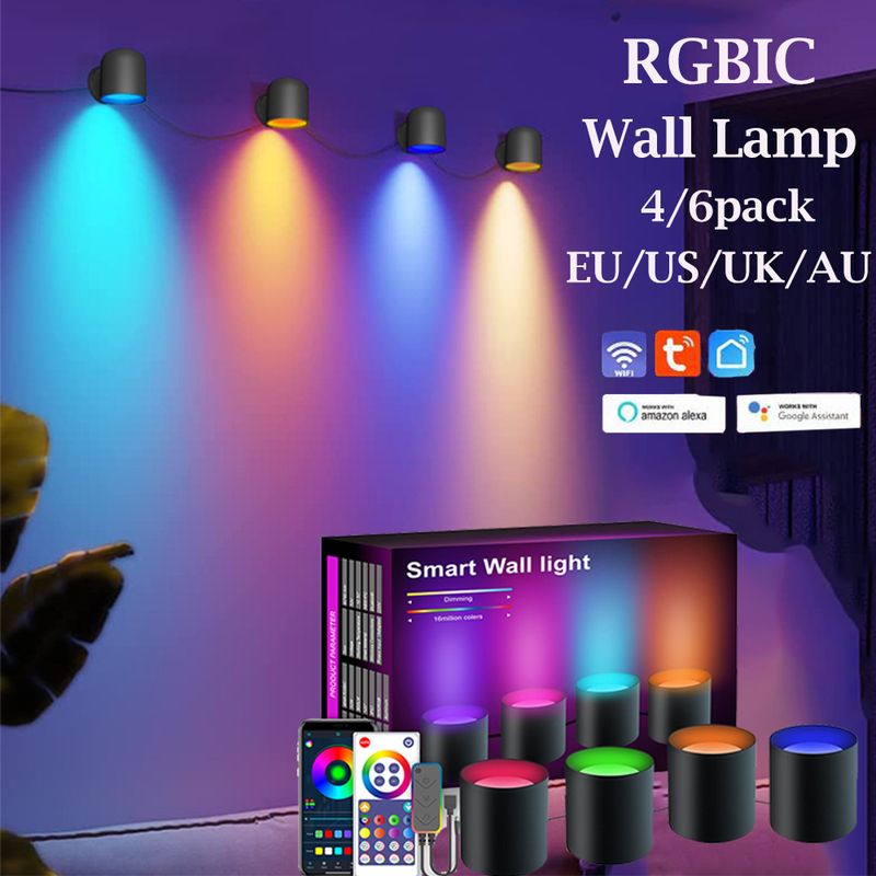 Lot de 4/6 lampes murales intelligentes RGBIC avec contrôle par application, rythme musical, veilleuse LED, Bluetooth, WIFI, lumière d'ambiance pour décoration de chambre à coucher et escaliers_voghion.com