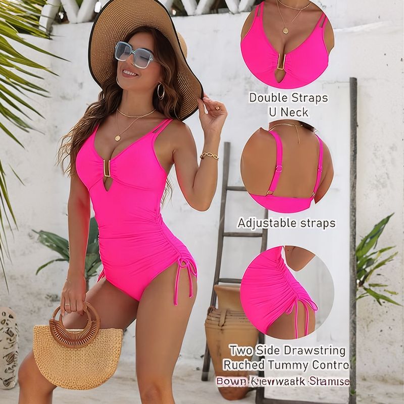 Maiô elegante de uma peça para mulheres - Traje de banho moderno com decote alto e alças ajustáveis (design sexy e elegante para controle de barriga)_voghion.com