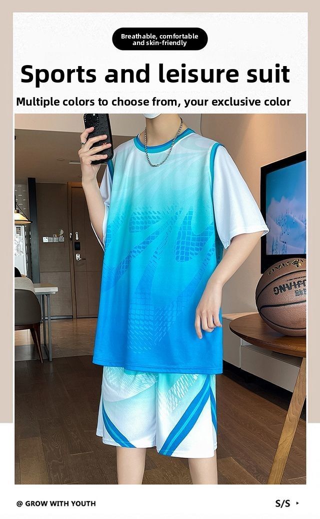 Summer New Quick-Dry Ice Silk Short Sleeve Sports Set Vest Shorts Casual Running Cool Student Basketball Wear_voghion.com
