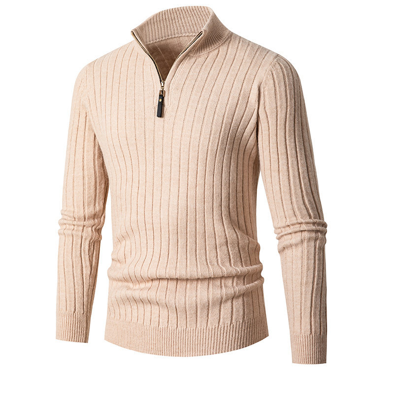 herfst en winter nieuwe stijl herensweater met lange mouwen, verticale strepen, halfhoge kraag, ritssluiting en dieptepunt, herensweater_voghion.com