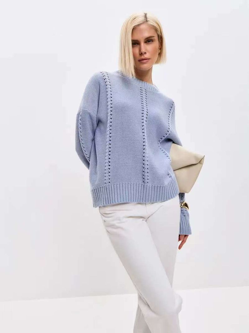 Breathable Knit Sweater Women's Oversized Loose Fit Round Neck Lace Crochet Pullover Top - Soft Acrylic Polyester Blend Yarn_voghion.com