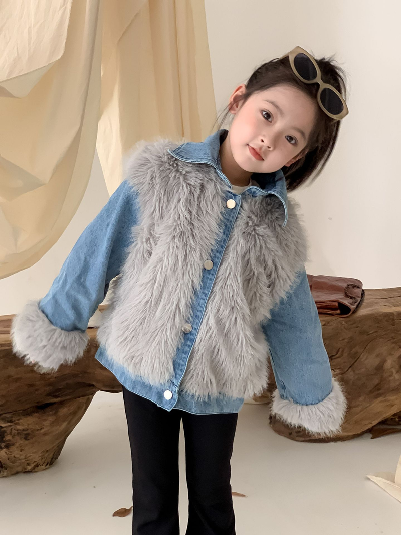 La torta per bambini supera lo stile hipster Cappotto ispessito in pelliccia di jeans patchwork in pelliccia di volpe imitazione per ragazza invernale per bambini_voghion.com