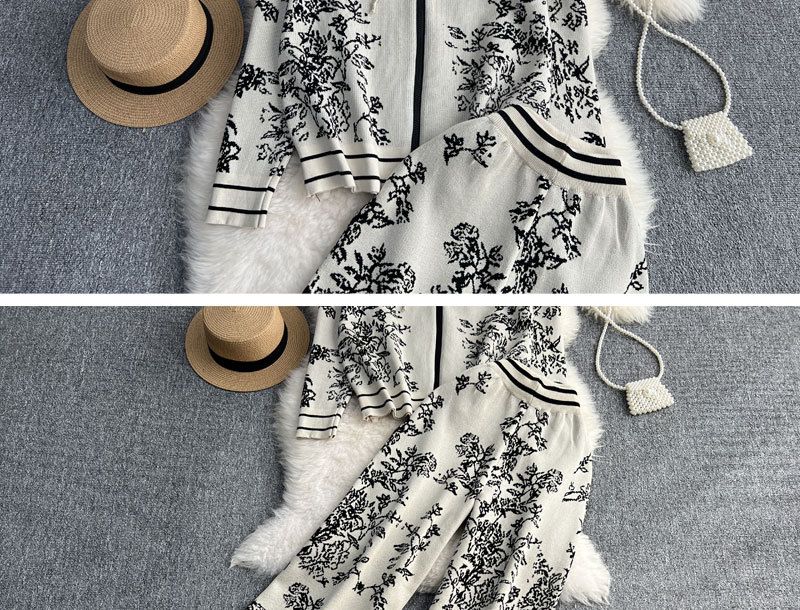 Sweat-shirt tricoté à capuche et fermeture éclair en jacquard pour femmes, ensemble deux pièces, taille haute, pantalon à jambes larges_voghion.com