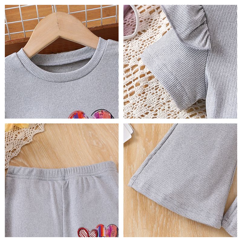 Mutter & Kinder Mädchen mode liebe gedruckt kurzarm hosen zwei-stück sommer rundhals spitze ärmel top anzug_voghion.com