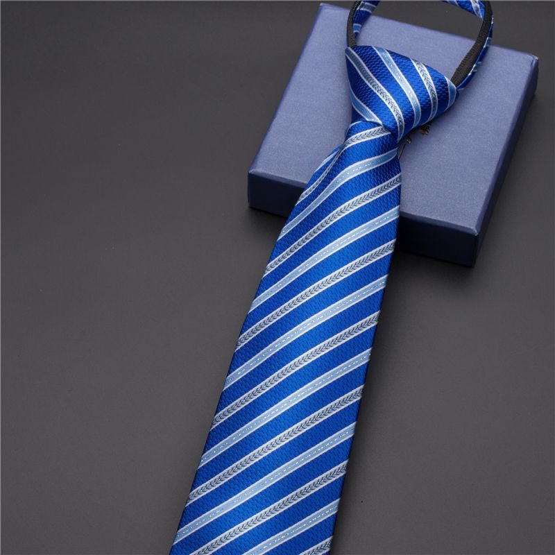 Unisex Black men's tie Striped Blue Business tie Lazy zip tie_voghion.com