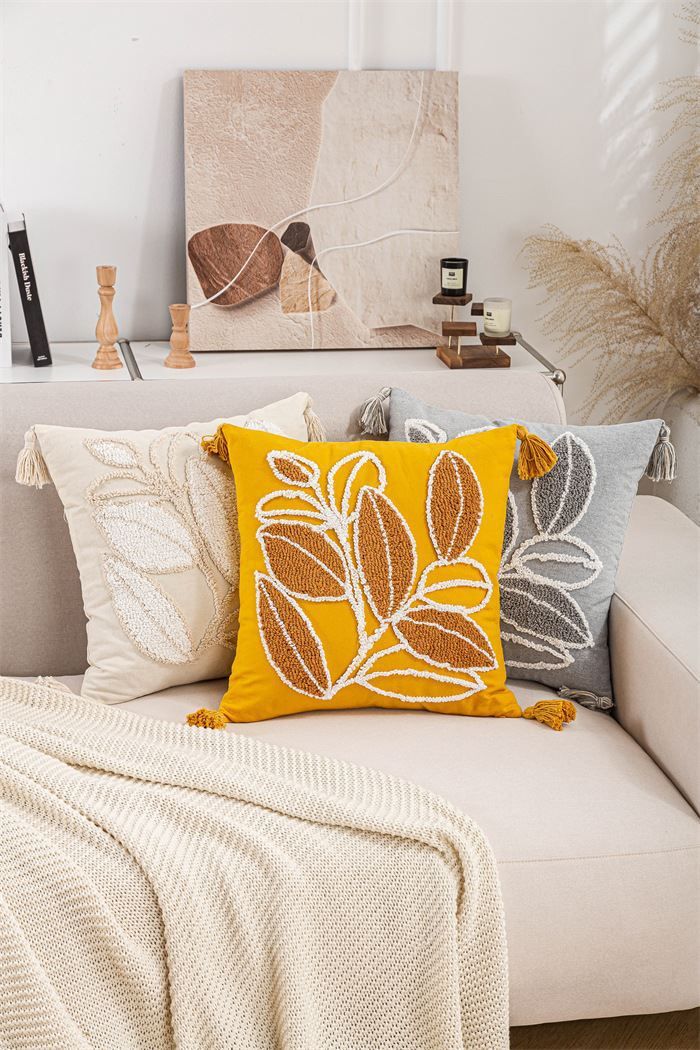 Federa per cuscino con ricamo a foglia - 45x45 cm in policotone per divano, letto, soggiorno - Arredamento moderno in stile bohémien_voghion.com
