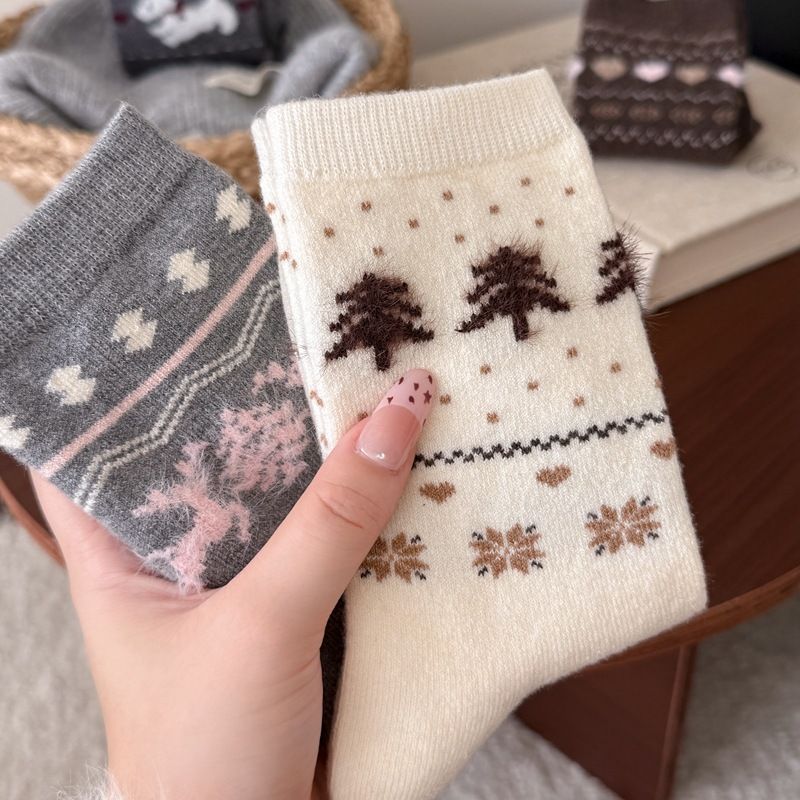 Lillian Herbst Winter New Fair Ile Dreidimensionaler Jacquard Koreanischer Stil Warm Mid-Calf Damen Retro Verdickt Weihnachten_voghion.com