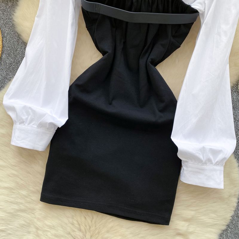 Damenbekleidung Damenmode mit Gürtel, Taillen-Hosenträgern, Hüftkleid + vielseitiges weißes Langarmhemd-Set_voghion.com