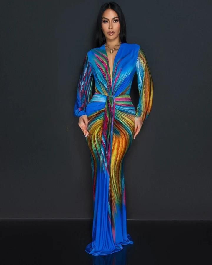 Dammekleeder Plus Size Dammekleeder Fréijoer a Summer faarweg Tie-dye Off-Shoulder Wrap Kleed_voghion.com