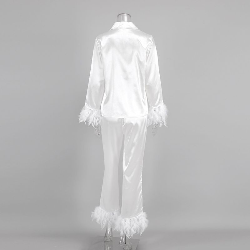 Conjunto de dos piezas de pijamas de manga larga, cómodos, con plumas de satén, color rosa, dulce, ropa para el hogar_voghion.com