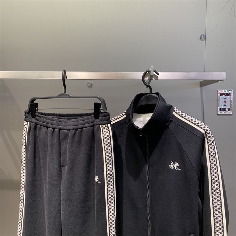 Man's clothing Knit jacquard ribbon splicing sportswear suit men's handsome stylish zip-up sweatpants_voghion.com