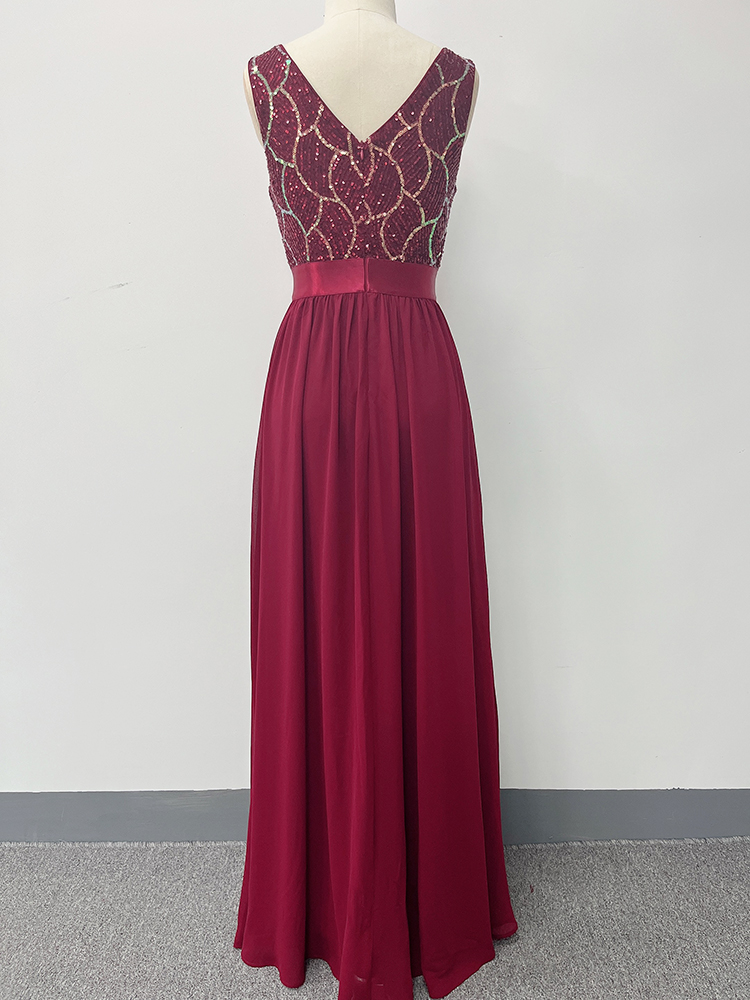 Vestido De noche De chifón De corte A con escote en V para mujer, sin mangas, Formal, De ocasión, largo, con flores De lentejuelas, color burdeos, vestidos De Soriee_voghion.com