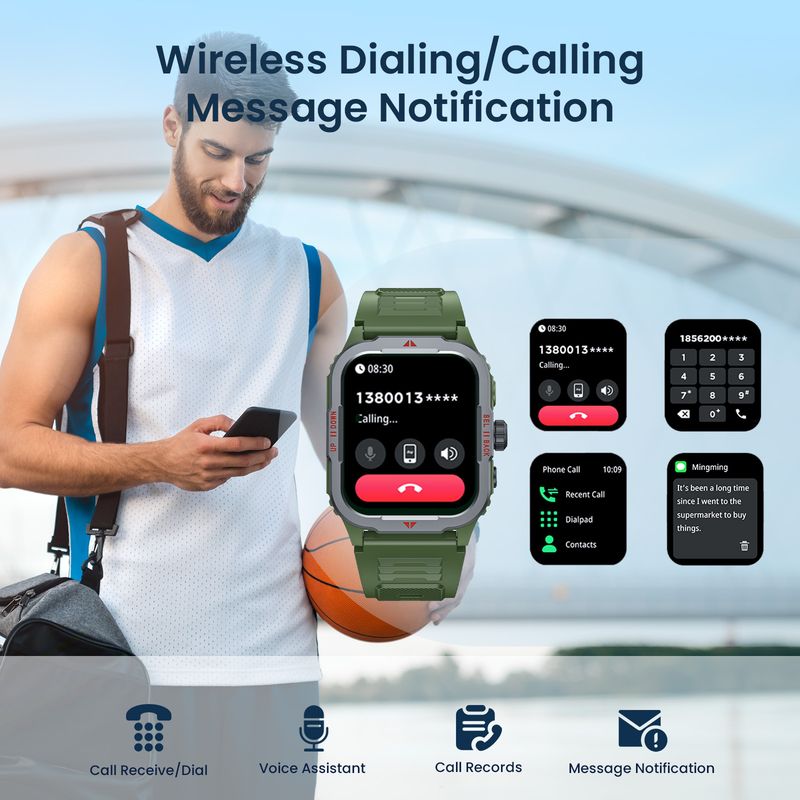 LED Flashlight Men's New Smart Watch 1.83-inch Heart Rate Health Monitoring Built In Multiple Sports Modes Outdoor Android IOS Watch_voghion.com