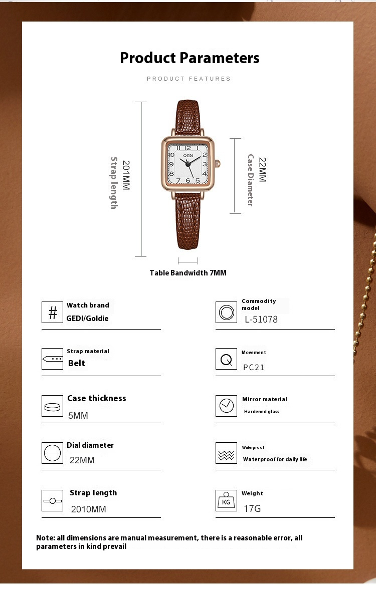 Gedi GEDI ultra-thin small square student gift light luxury niche minimalist digital quartz belt watch_voghion.com