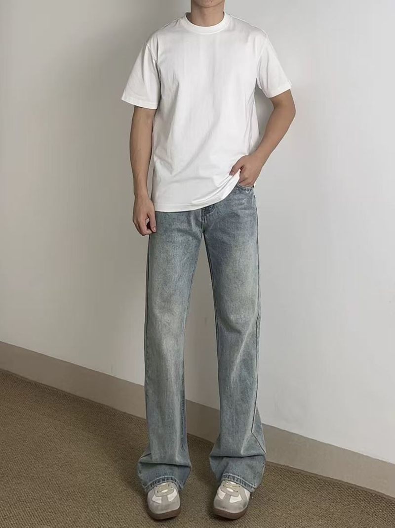 Hellblaue Vintage-Jeans für Herren, Retro-amerikanisches Straight-Leg mit dezentem Schlag, High-Street-Mode für Jugendliche, verwaschener Denim_voghion.com