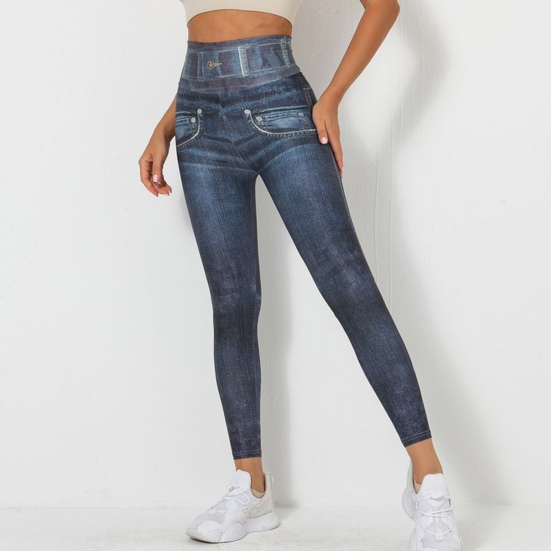 Women's Clothing digital printed denim blue tight-fitting high-elastic quick-drying yoga pants sports running tight fitness pants for women_voghion.com