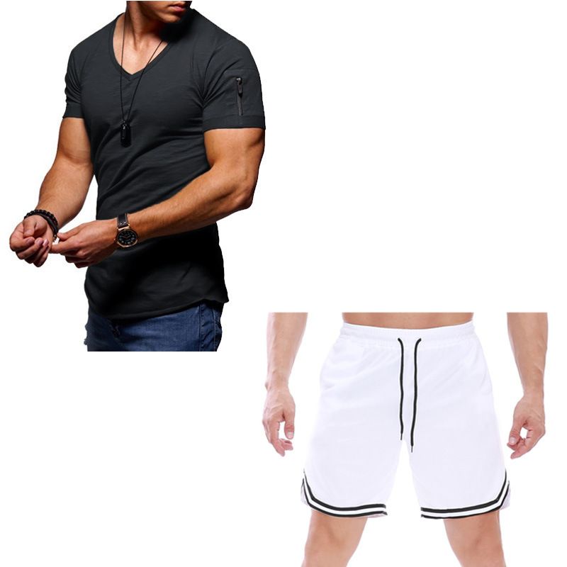 Ensemble t-shirt et pantalon 5/4 pour homme, idéal pour l'été, idéal pour le fitness et la course à pied_voghion.com