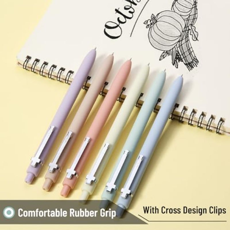 Confezione da 6 penne per journaling biblico, inchiostro nero, penne gel retrattili da 0,5 mm, fusto morbido color pastello con clip a croce argentata._voghion.com