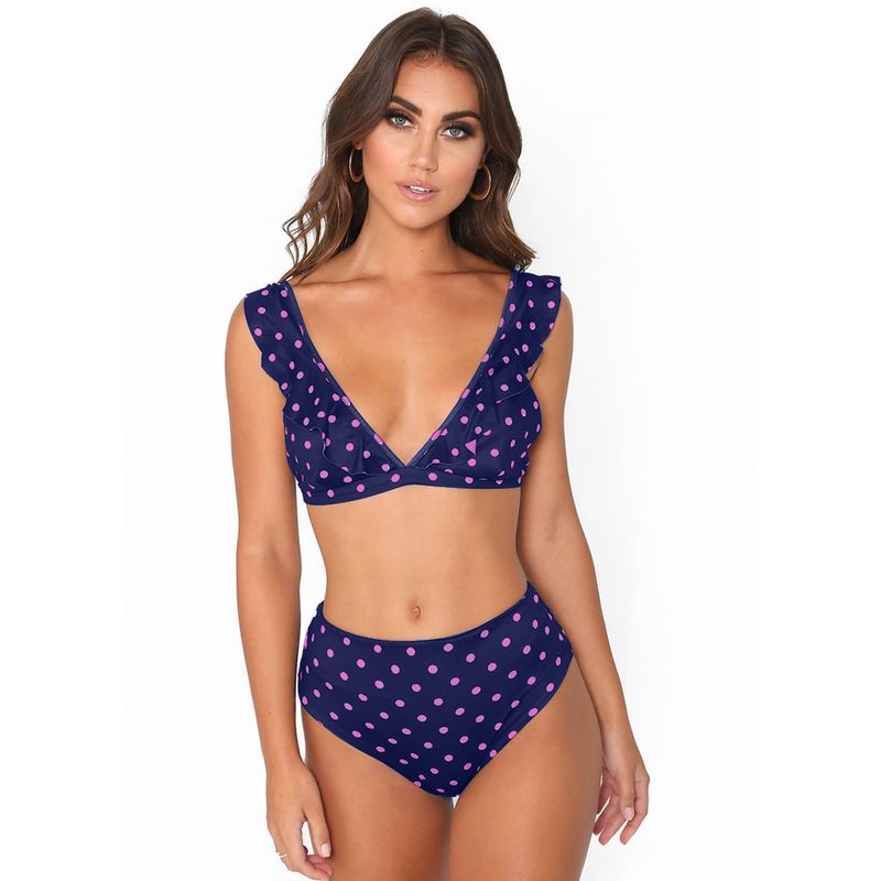 2024 Ruffle Edge Deep V Bikini Black And White Wave Dot Printed Sexy Swimsuit_voghion.com