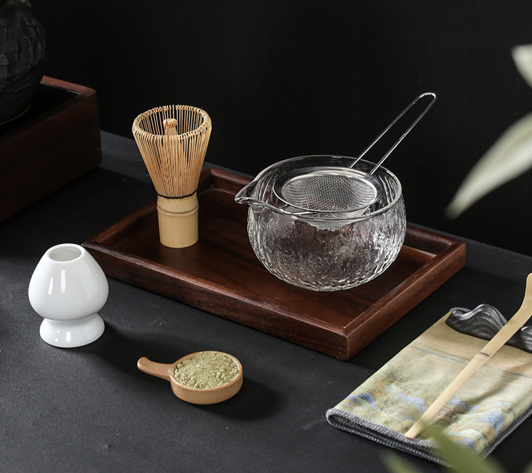 Glastee mit Farbbox, Schneebesen, Schüssel, Ständer, Matcha-Schaufel, komplettes Utensilienset_voghion.com
