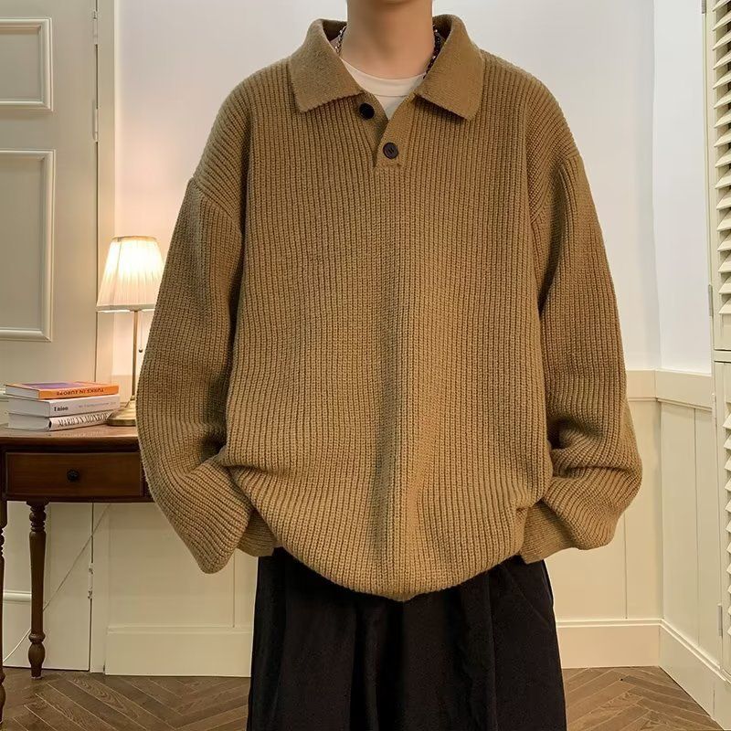 Erkek Giyim tembel Polo yaka kazak erkek retro kahverengi hissi büyük boy iç kazak_voghion.com