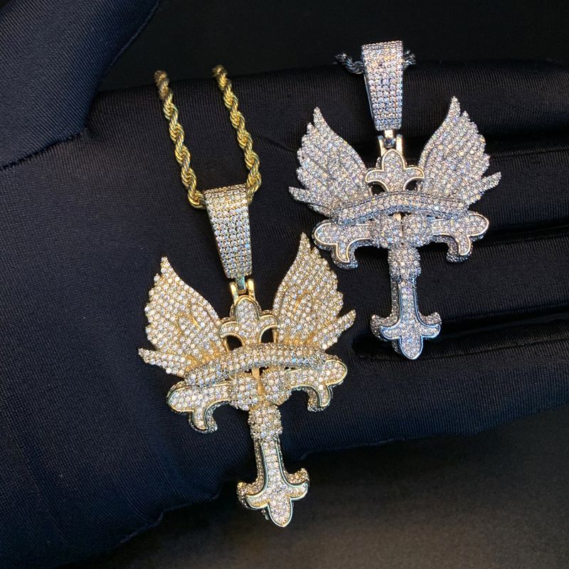 Herren-Hip-Hop-Kreuz-Anhänger-Halskette mit Zirkon, Silber-/Gold-Kettenoptionen, 60 cm lange Engel-Kreuz-Zirkon-Anhänger-Trend-Herren-Halskette_voghion.com