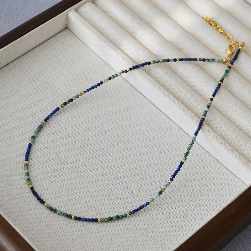 Collana di perline fatta a mano con design di nicchia francese - Turchese e lapislazzuli, catena per clavicola da donna semplice ed elegante_voghion.com