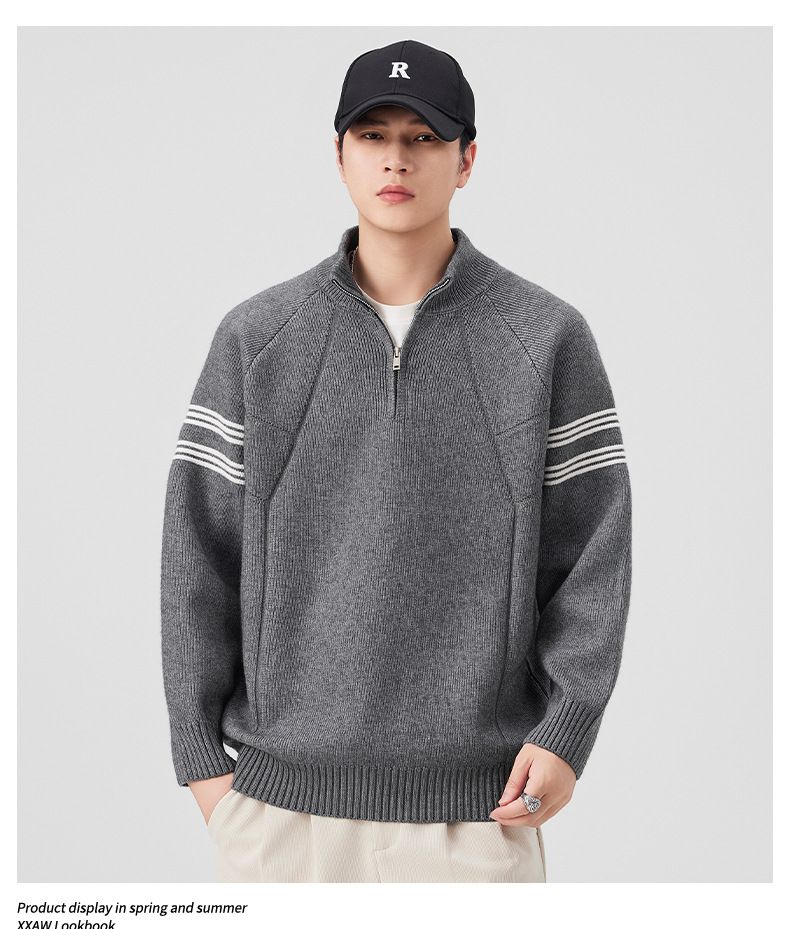 Retro Stand Collar Zip-Up Knit Sweater – Unisex Streetwear Pullover (M-3XL, Relaxed Fit, Vintage Aesthetic)_voghion.com