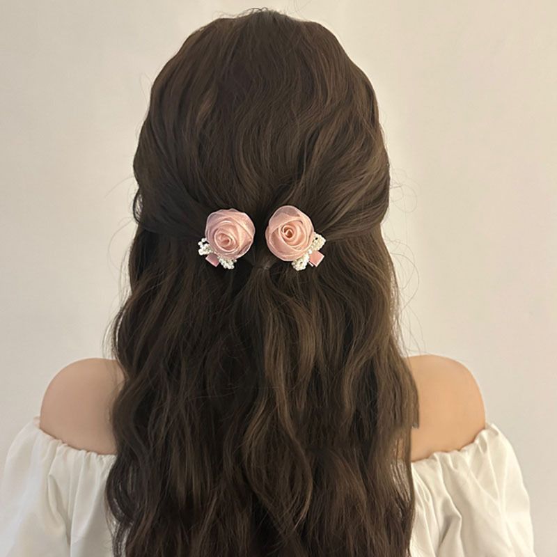 Preciosa horquilla con diseño retro francés de flores rosas y lazo de perla, flequillo con pinza lateral, accesorios para el cabello de hada para niña_voghion.com