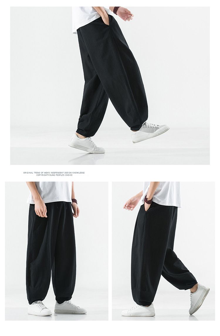 Pantaloni dritti in cotone e lino da uomo, pantaloni harem retrò da uomo, pantaloni Ruyi in lino fresco da uomo_voghion.com