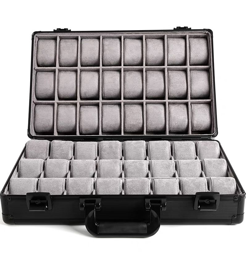 Hochwertige Uhrenbox aus Aluminiumlegierung mit Sichtfenster – Luxuriöses Uhren-Etui mit 24 Fächern, doppelter Öffnung, Innenausstattung aus grünem Samt_voghion.com