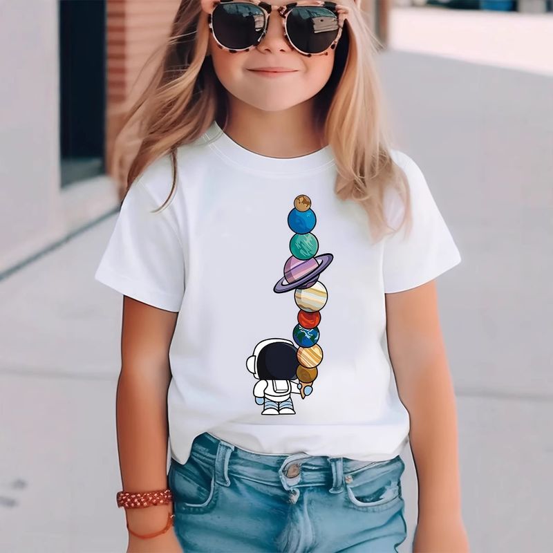 Stilvolles T-Shirt mit Astronauten-Muster für Mädchen, Rundhalsausschnitt, kurzärmelig, geeignet für Kinder im Alter von 1–8 Jahren_voghion.com
