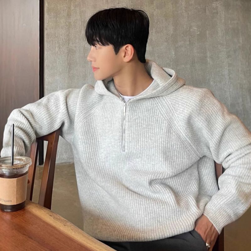 Autumn Hoodie Men's Half Zip Hooded Sweater Thick Knit Sweater Jacket_voghion.com