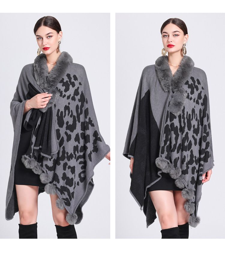 Mantella con collo di pelliccia, mantello con palla di pelliccia, mantello jacquard in maglia larga, cappotto di grandi dimensioni_voghion.com