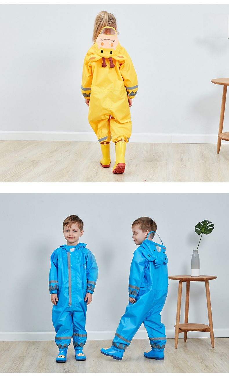 Cross-border three-dimensional boys and children's conjoined raincoat girls light hooded children's poncho reflective strip factory direct sales_voghion.com